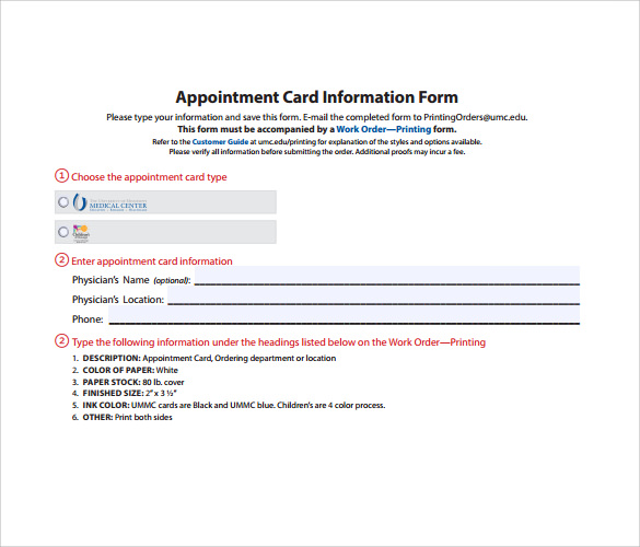 appointment card order form