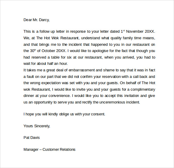 apology letter to a customer