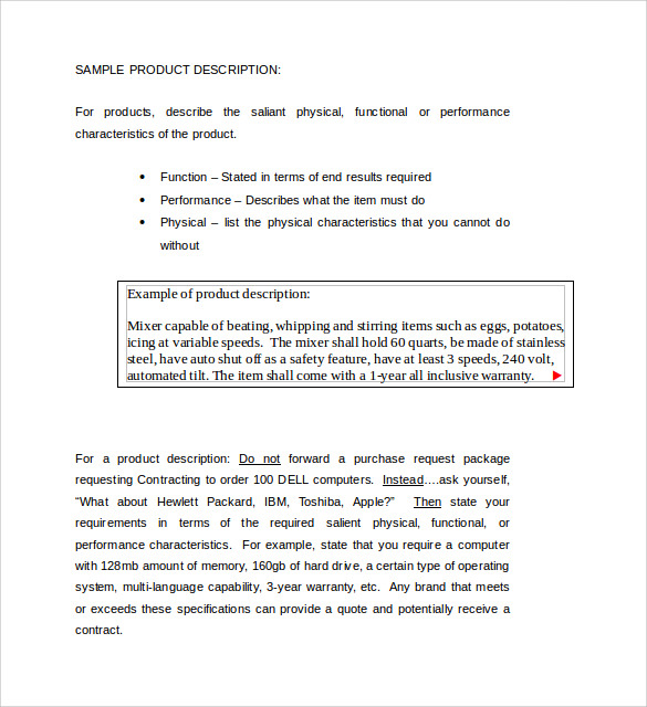 product description business plan example