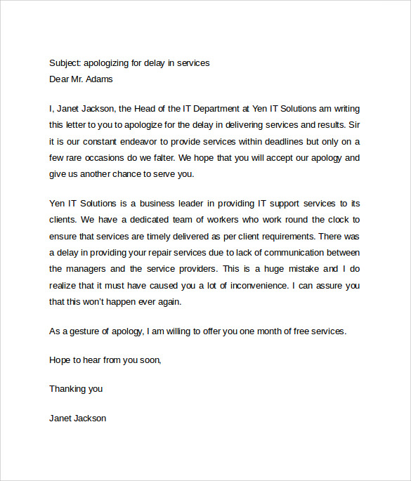 business letter of apology