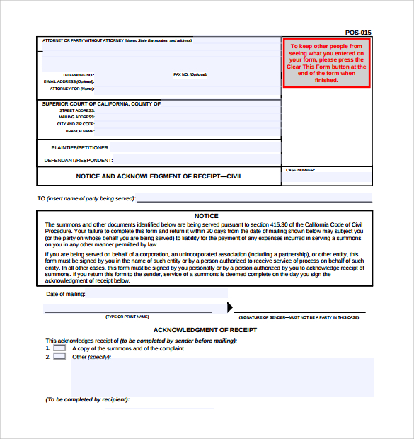 Acknowledgement Of Service Form D10 Pdf Download