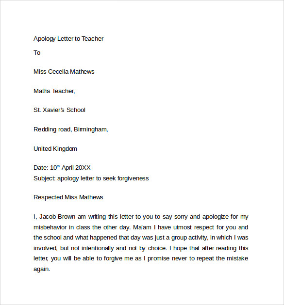 Apology Letter To Teacher Example