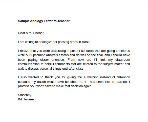 sample apology letter to teacher