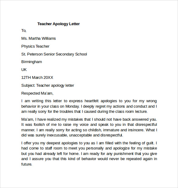 FREE 4+ Apology Letters to Teacher in MS Word Pages.
