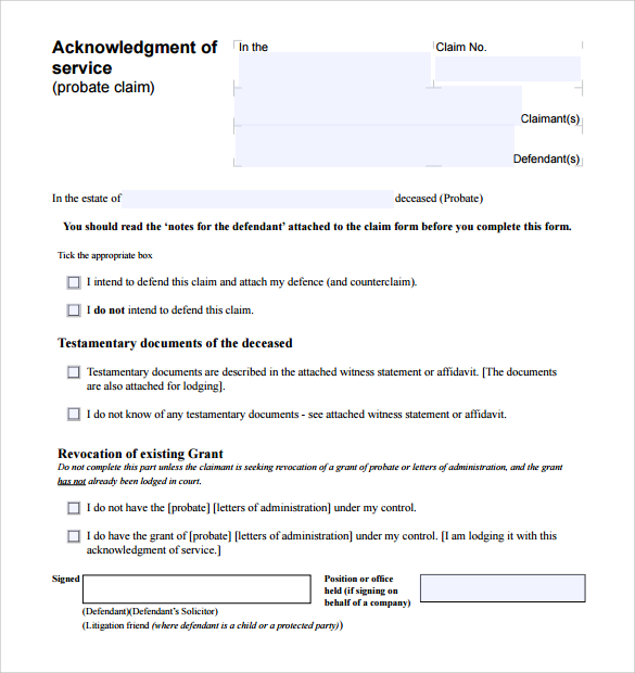 acknowledgement of service form template