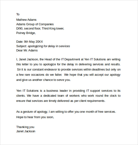 professional apology letter to client