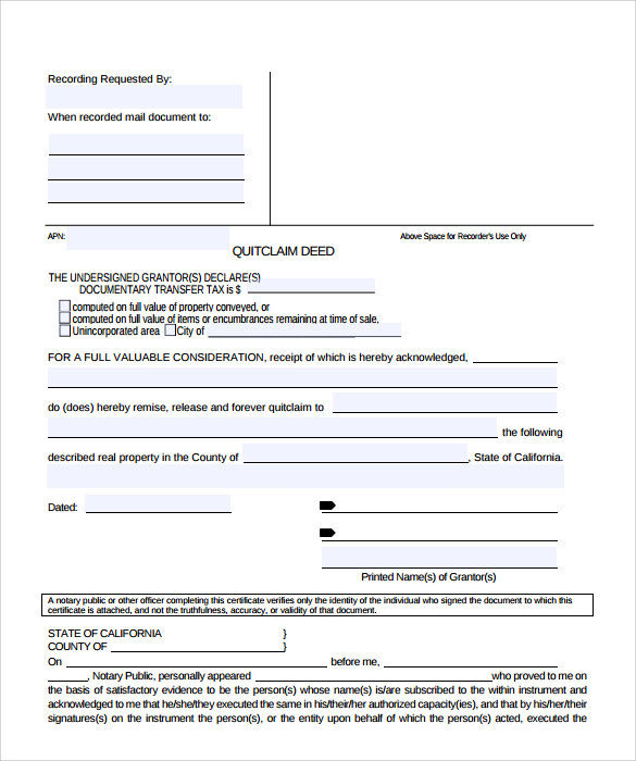 sample printable quit claim deed form