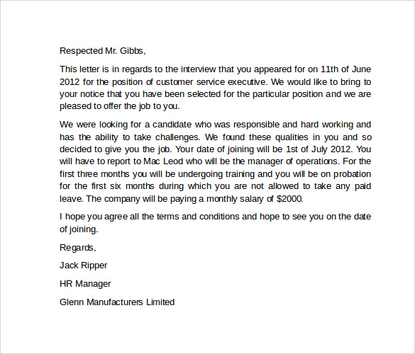 job offer business letter