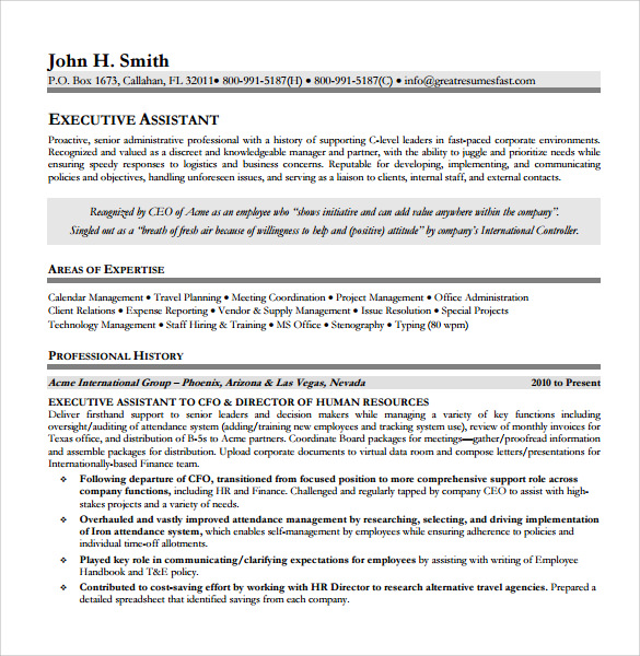examples of resume for executive assistant