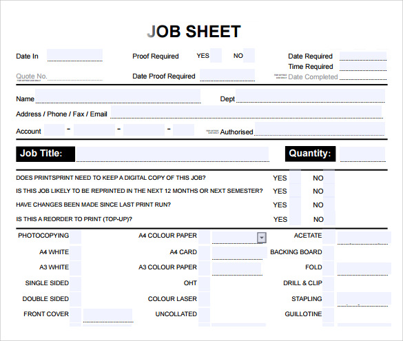 Job Sheet Template Excel