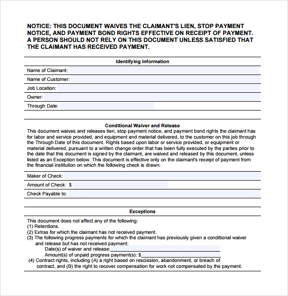 conditional waiver release form sample