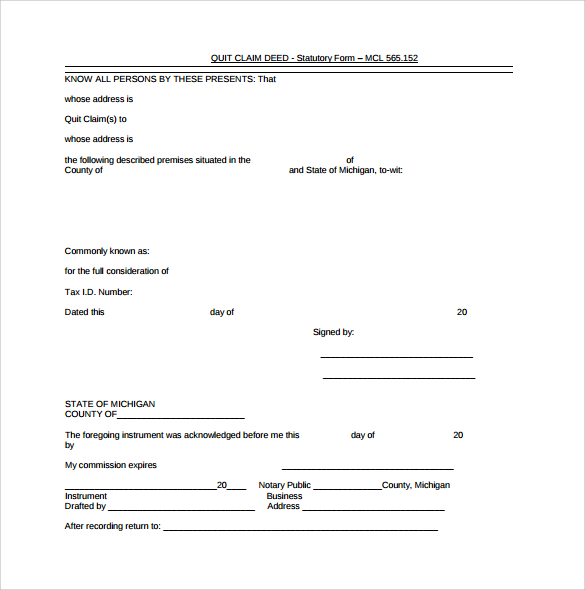 quit claim deed statuatory form