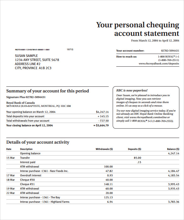 statement of account template printable