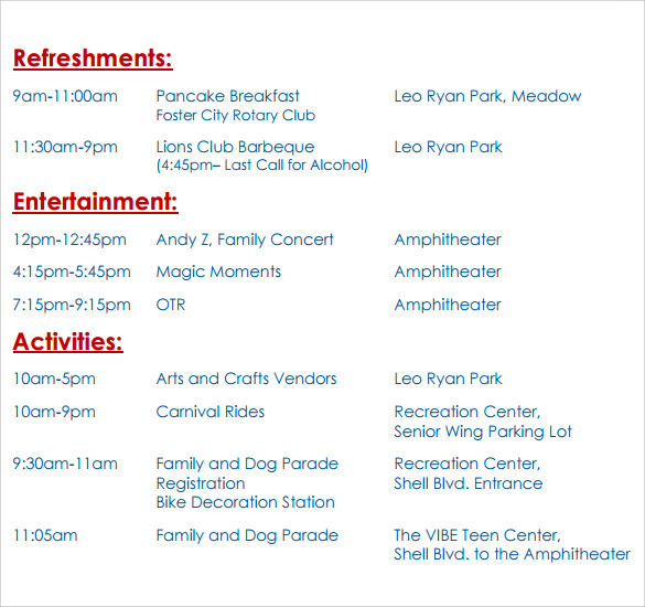standard event schedule 