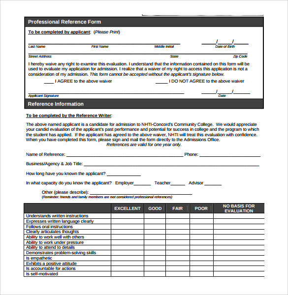 sample professional reference form