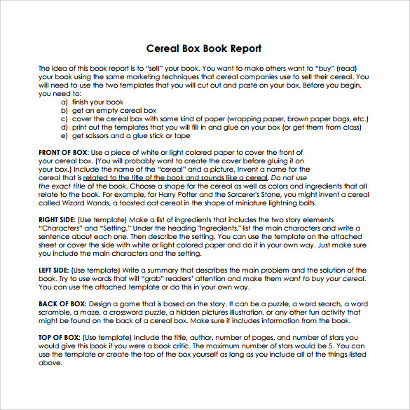 Cereal box book report template pdf
