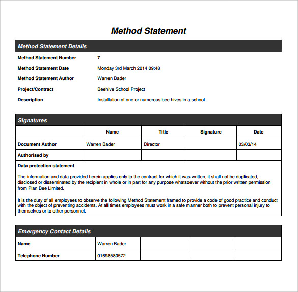 Method Statement Sample For Construction PDF Template