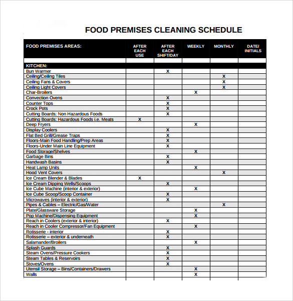 food premises cleaning schedule