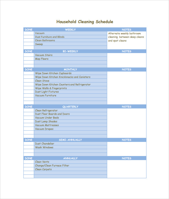 household cleaning schedule