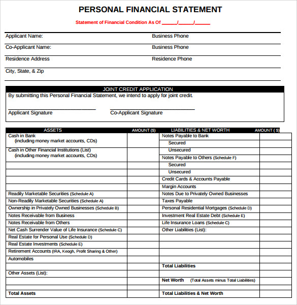 simple personal financial statement