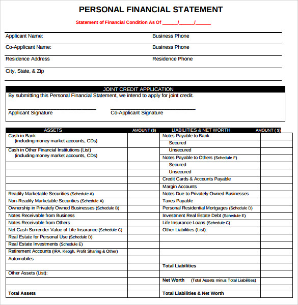 Free Personal Financial Statement Template Word 9183