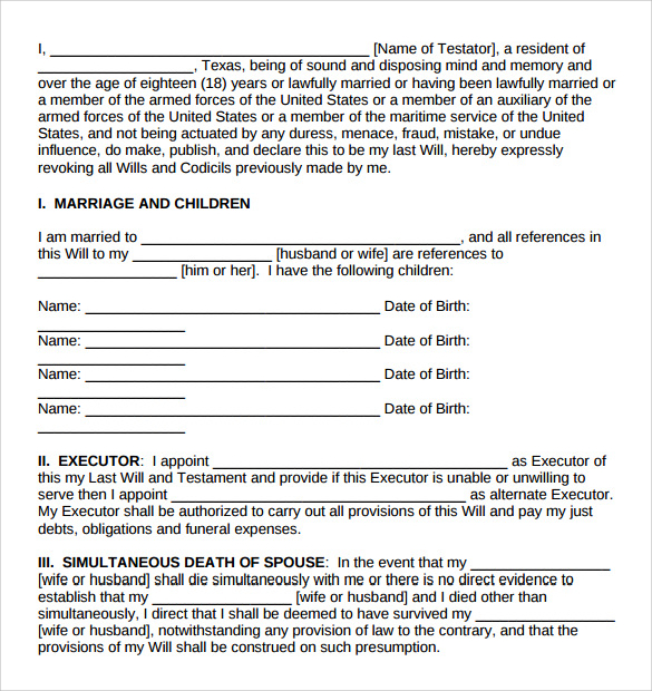 sample last will and testament form example