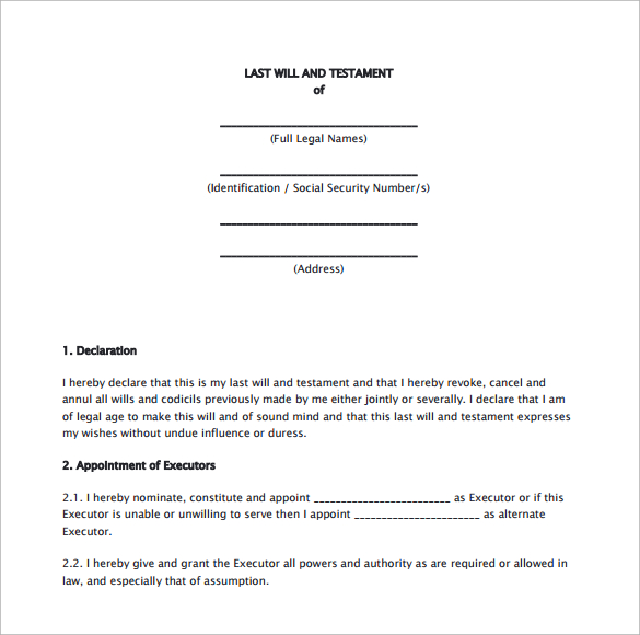 sample last will and testament form printable