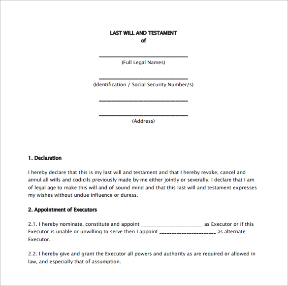 Sample Last Will and Testament Form Printable