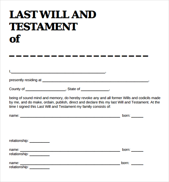 free sample last will and testament form