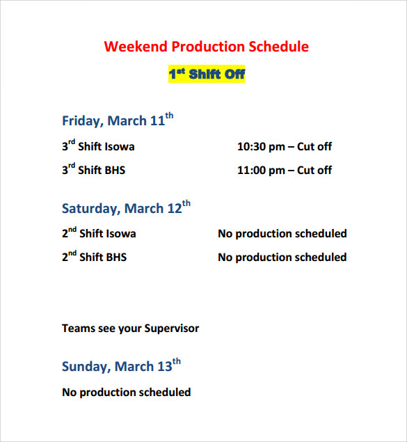 weekend production schedule template