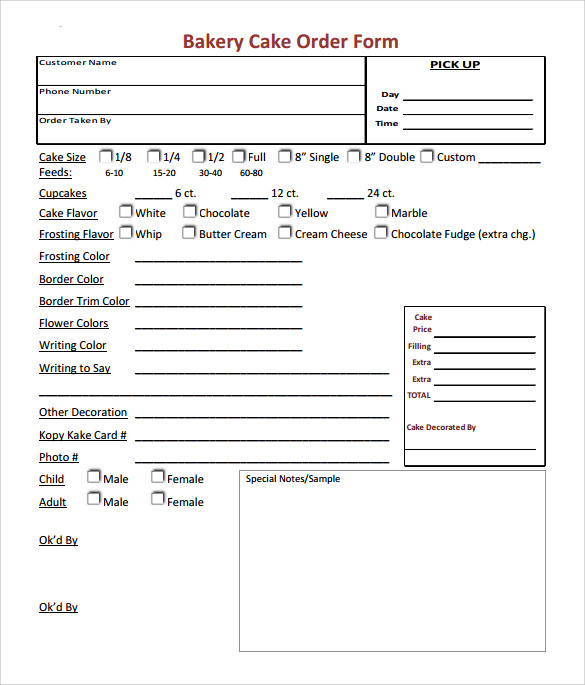 bakery cake order form template