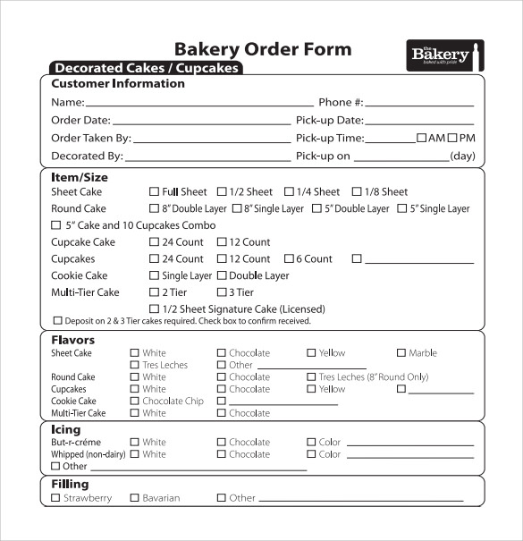 bakery cake order form template example