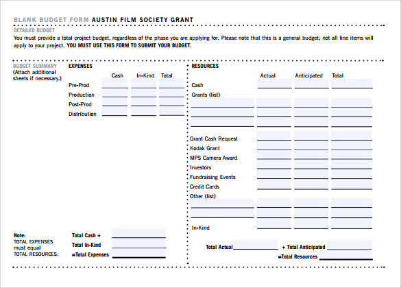 budget form for film