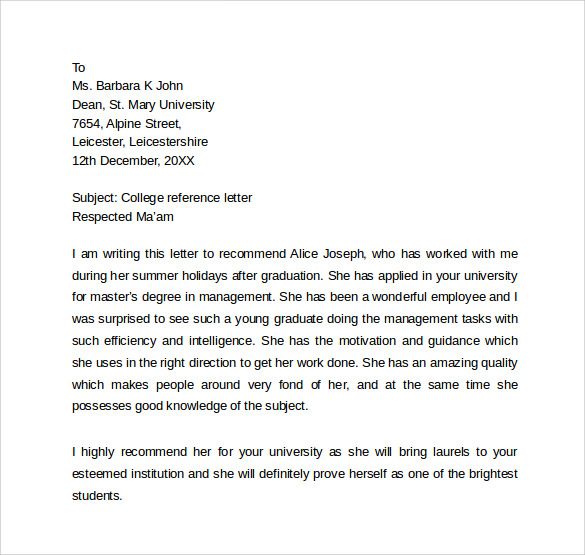 personal college reference letter