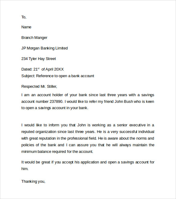 sample personal bank reference letter 