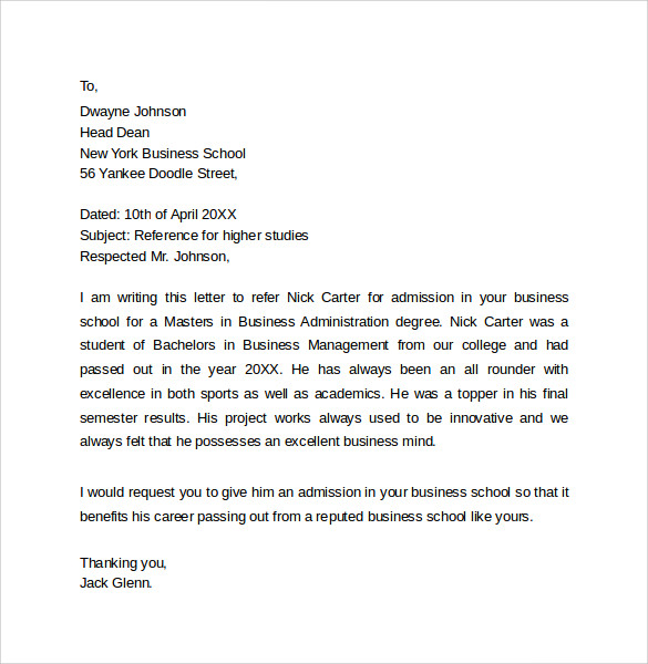 personal reference letter for higher studies