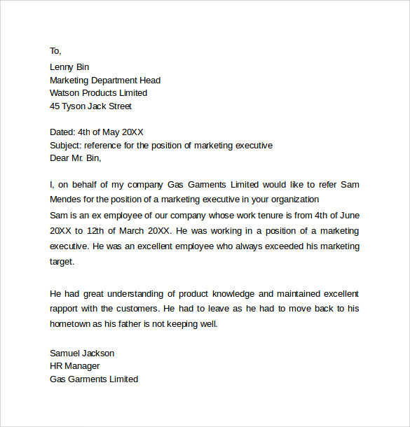 personal reference letter to company