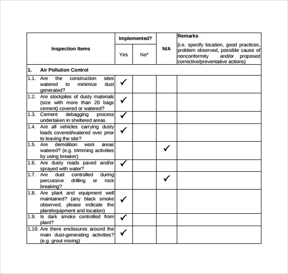 Construction Equipment Checklist Template