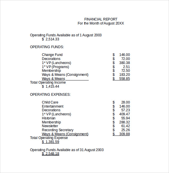 sample format of a financial report