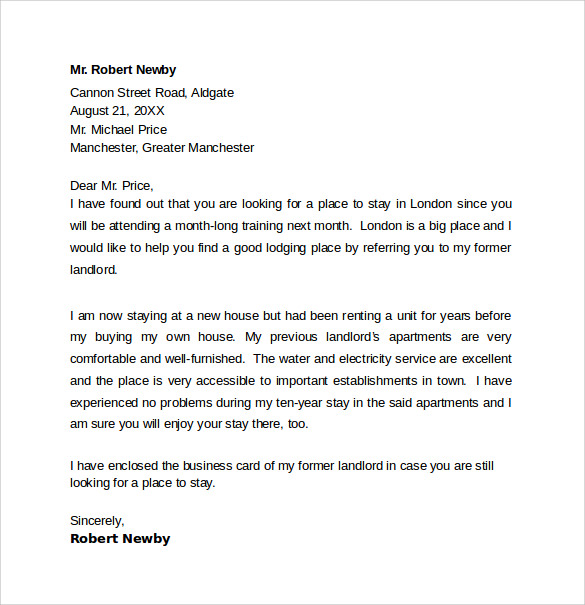 simple landlord reference letter