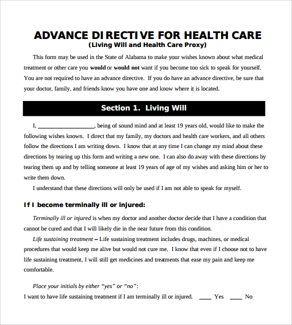 Advance care directive form pdf