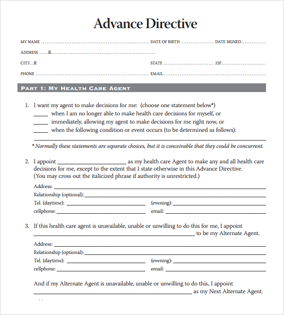 Advance Health Care Directive Form Sample Templates Sample Templates