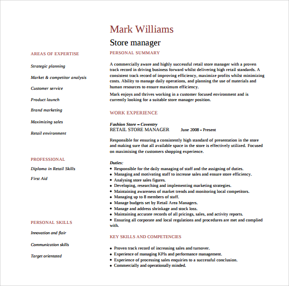 free sample store manager resume