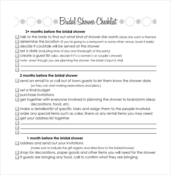 FREE 9+ Sample Bridal Shower Checklists in PDF | Google Docs | MS Word ...