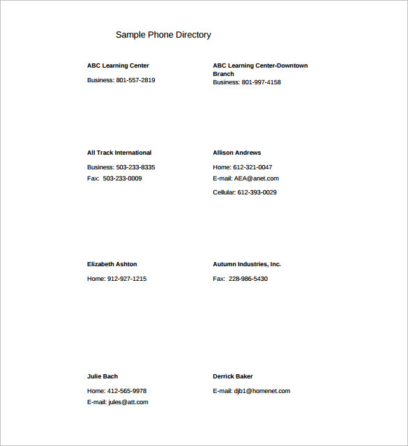 sample phone directory