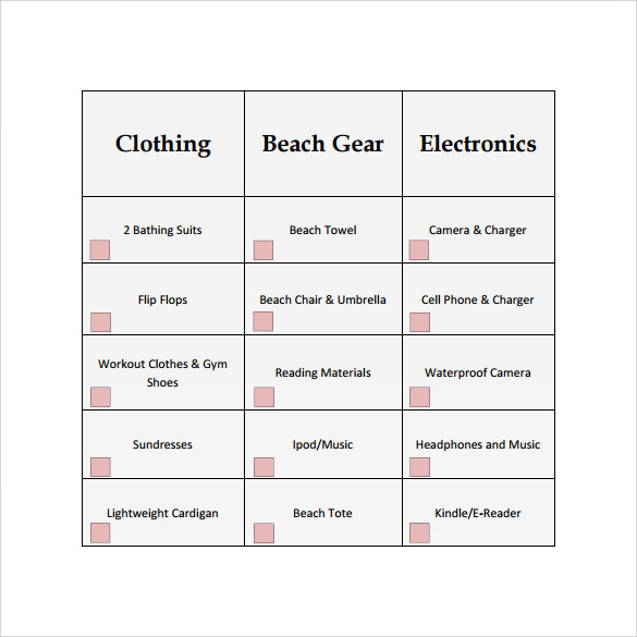 beach vacation checklist example