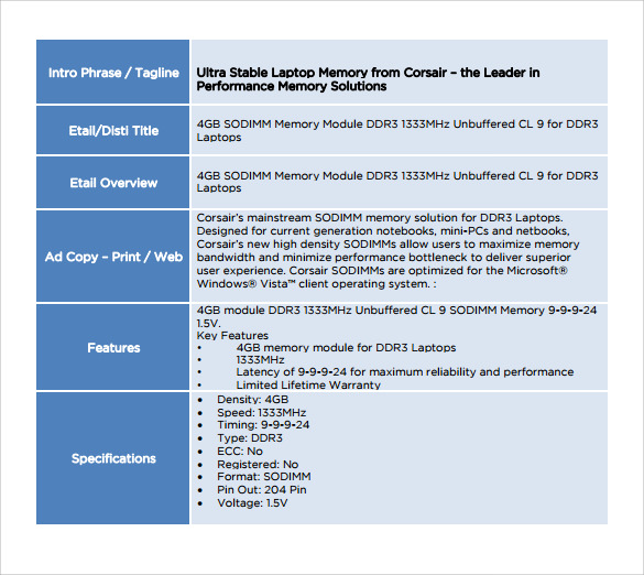 sample spec sheet template