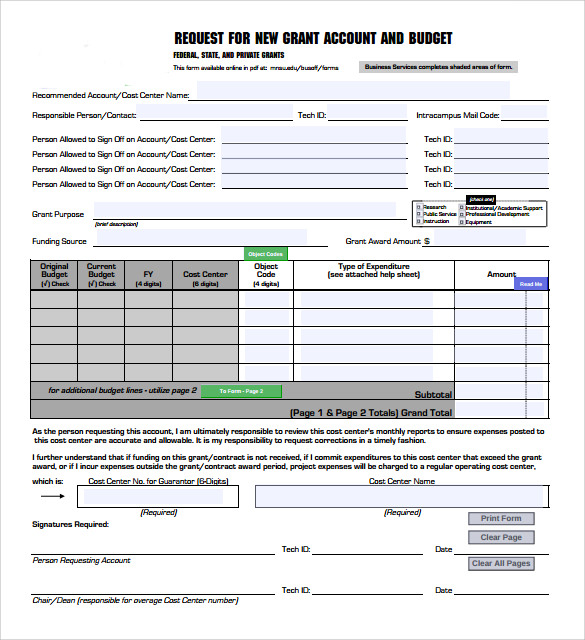 request for new grant budget