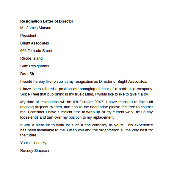 resignation letter of director