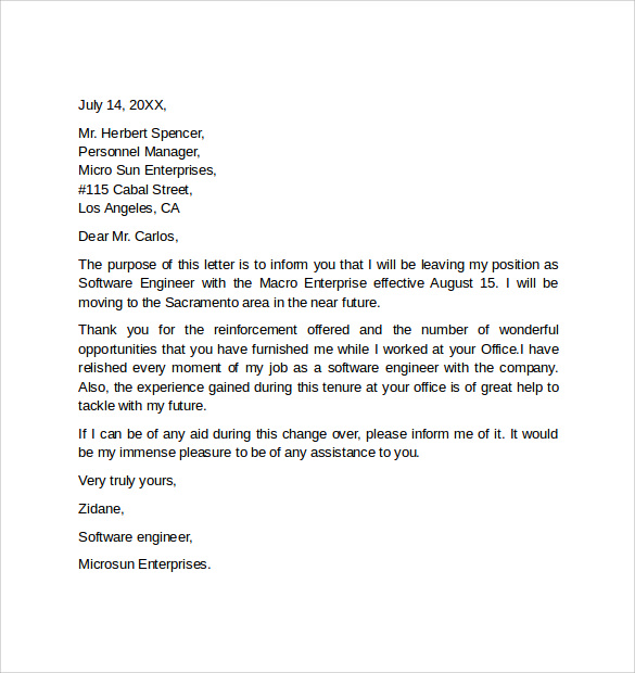 FREE 9+ Sample Resignation Letter Examples in MS Word PDF
